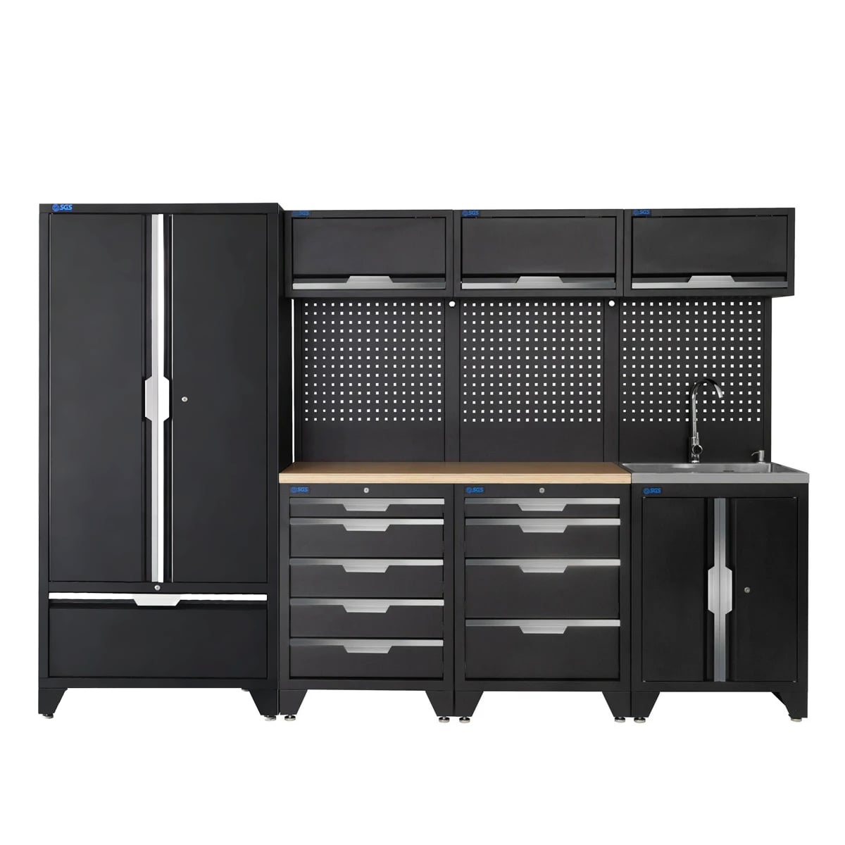 SGS 10pc Modular Garage Storage | 9 Drawers | Plywood Worktop | Tall Double Cabinet with Drawer | Sink Unit | 3x Upper Cabinets | Pegboard with Power Strip